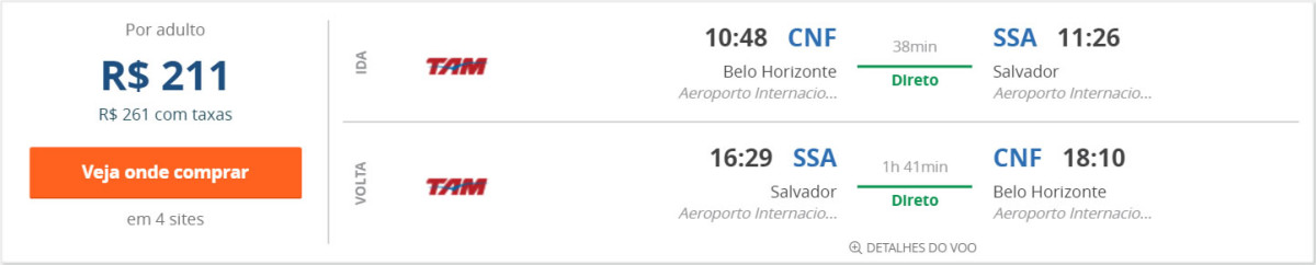 Belo Horizonte para Salvador por R$211 ida e volta