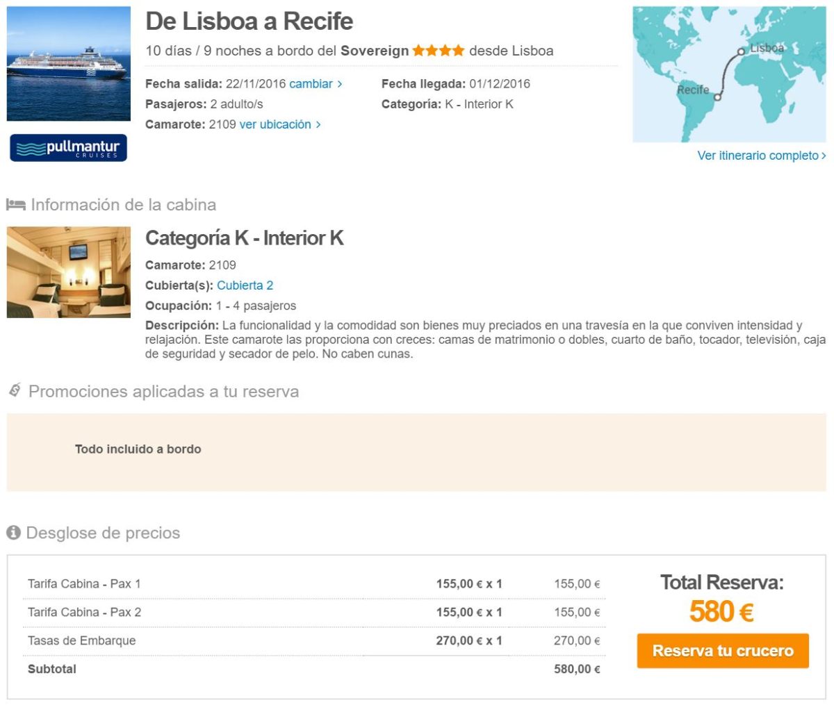 Cruzeiro de Lisboa a Recife por R$1.060 - Carrinho de compras