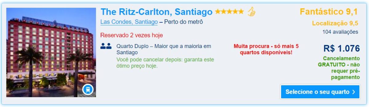 The Ritz Carlton, Santiago do Chile - R$1.076 a diária