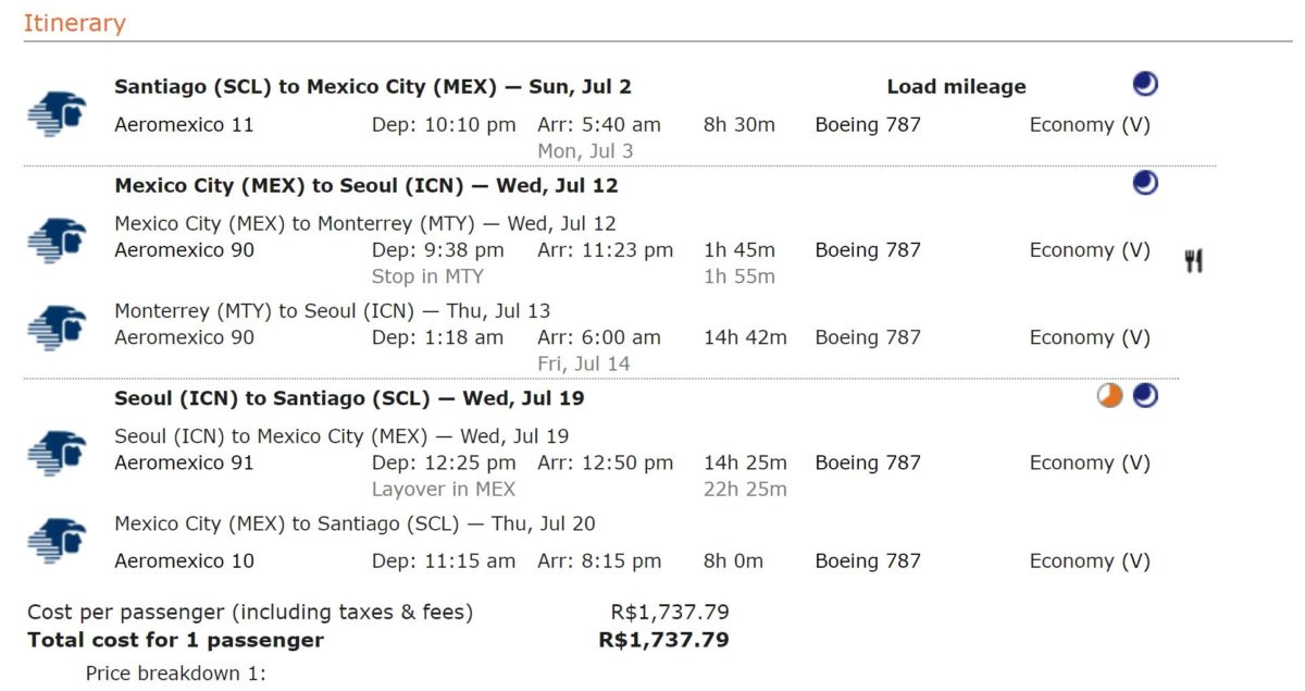 Exemplo de bilhete - Santiago a Seoul com stopover na Cidade do México por R$1737, ITA Matrix