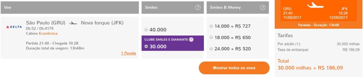 Bilhete Smiles voando Delta - GRU para JFK por 30 mil milhas (clientes Diamante e Clube Smiles)