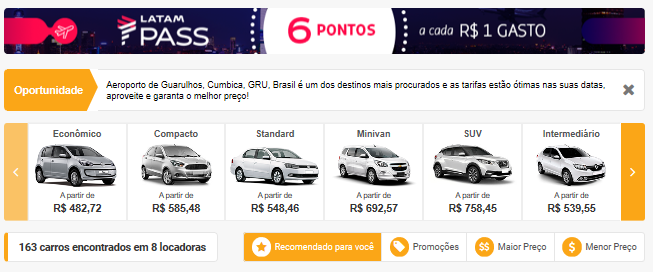 Latam Pass e Rentcars oferecem 6 pontos por real gasto em reservas de carros