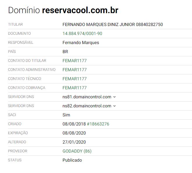 Whois do domínio Reserva Cool no Registro.br