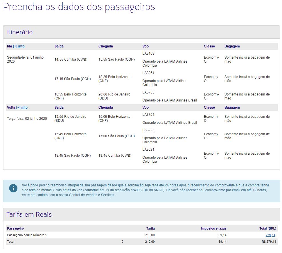 Compra de bilhete Mileage Run 2020 no site da Latam Brasil