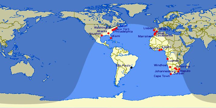 Todos aeroportos que a Qatar Airways opera com menos de 5.000 milhas de distância de Guarulhos, São Paulo